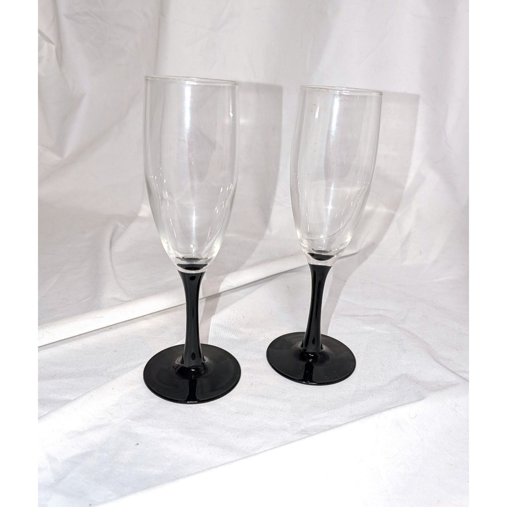 Black Stem Champagne Flute Wine Glasses Set of 2 Luminarc Domino France Vtg